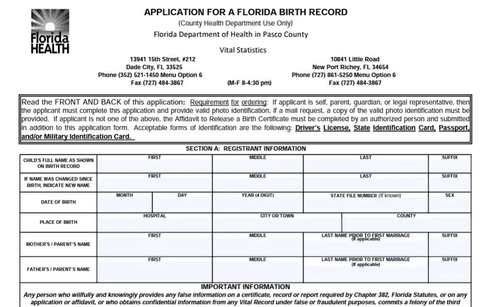 A screenshot of the form used to obtain birth documentation in Pasco County.