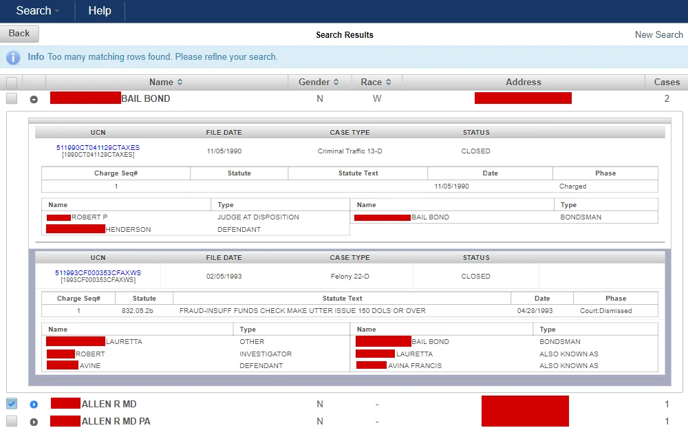 A screenshot of the search tool to view all criminal case information about a person who was charged and prosecuted in Pasco County, as long as the case was not expunged.