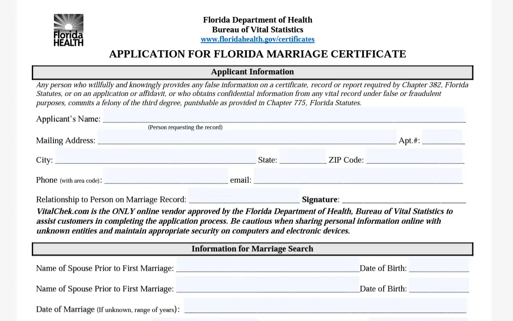 A screenshot of the form used to obtain marriage documentation in Florida.