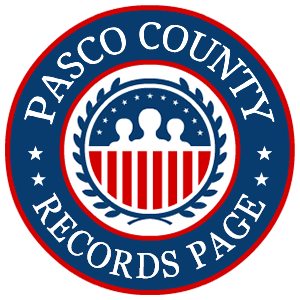 A round red, white, and blue logo with the words Pasco County Records Page for the state of Florida.