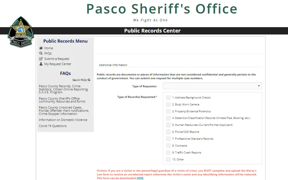 A screenshot of the form used to request a copy of the incident report at the Pasco County Sheriff's Office.