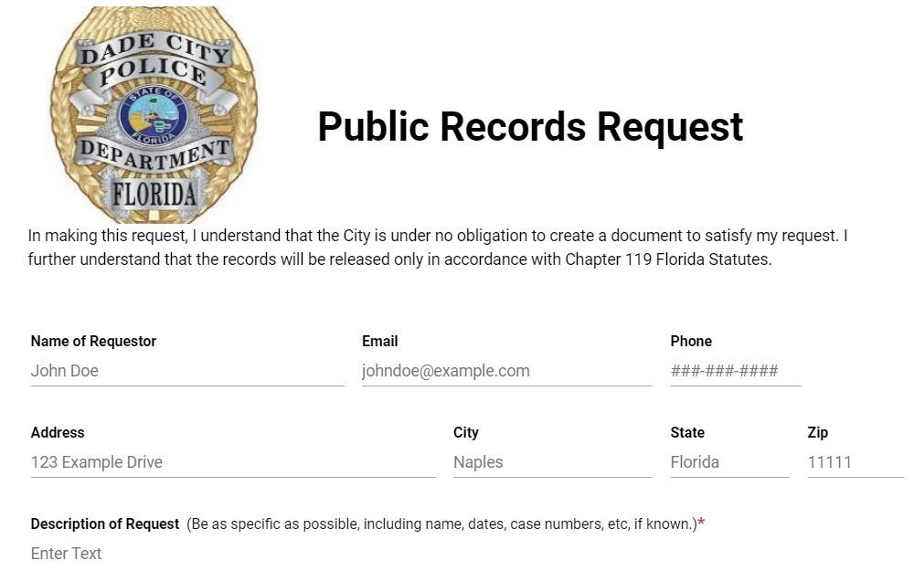 A screenshot of the form provided by Dade City Police Department that allows anyone to obtain a police report as long as the report exists.