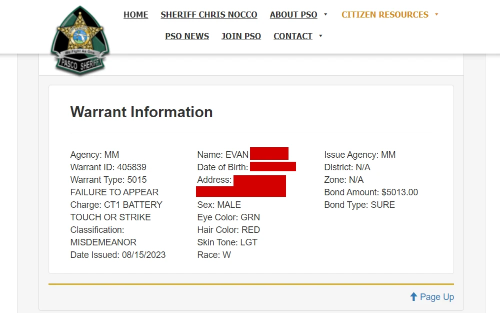 A screenshot of the online directory that shows individuals who have outstanding warrant records in the County of Pasco.