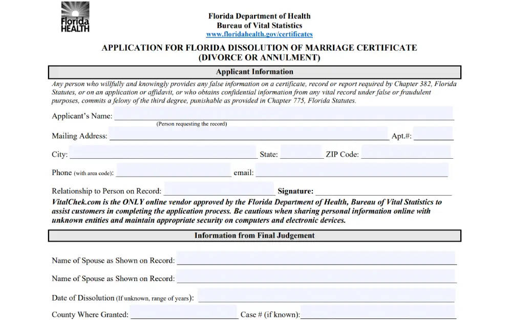 A screenshot showing an application form from the Florida Department of Health's Bureau of Vital Statistics for the dissolution of marriage, detailing the fields required for applicant information, personal details, and specifics from the final judgment.