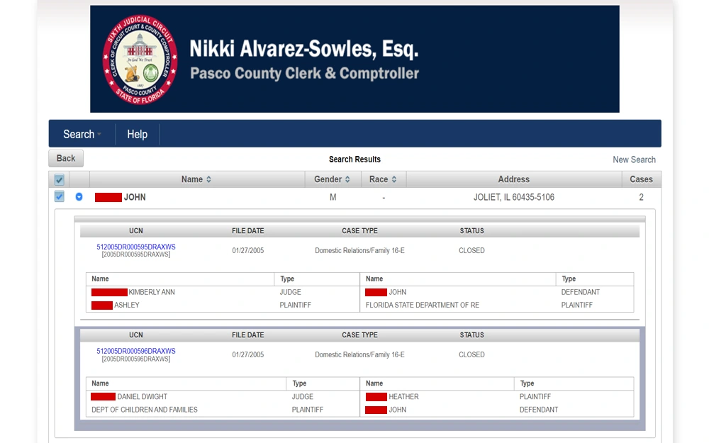A screenshot of the Pasco County Clerk & Comptroller's case search interface showing results for a John Smith with two closed cases related to domestic relations listed, including case numbers, file dates, and the involved parties without revealing specific personal details.