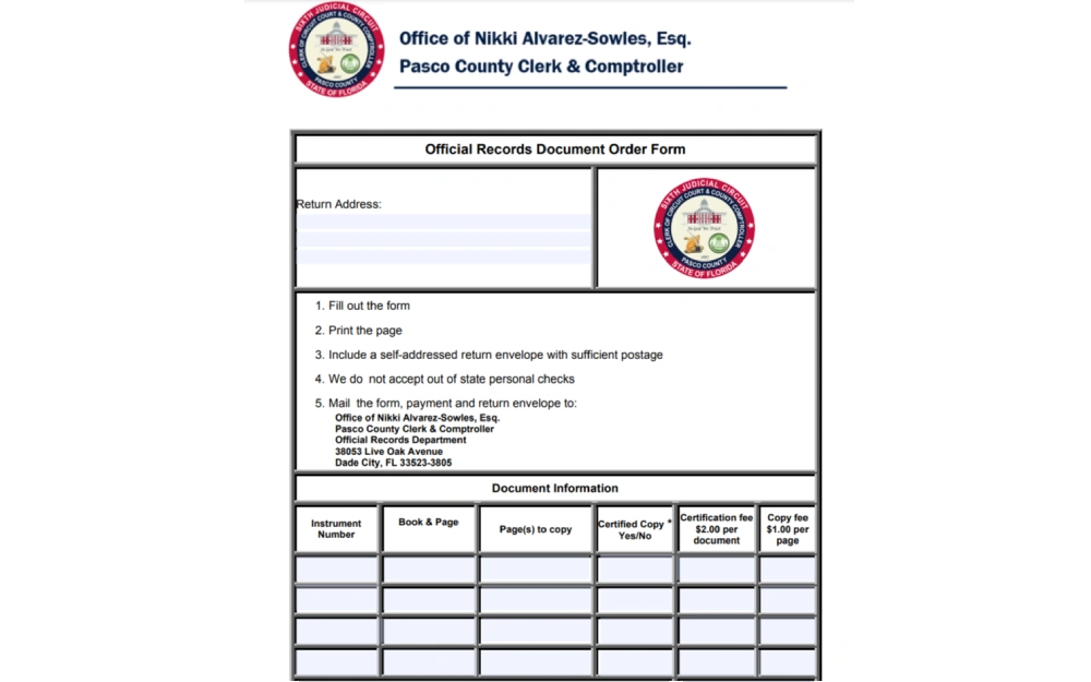 A screenshot displaying a detailed order form for requesting official documents from the Pasco County Clerk & Comptroller's Office, complete with instructions for filling out, printing, and mailing the form along with payment and a self-addressed return envelope, excluding any reference to marital status documentation.