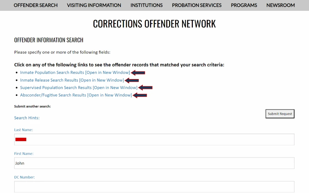 A screenshot from the Florida Department of Corrections featuring options to view various inmate records such as population, release, and supervision details, along with fields for inputting search criteria like last and first name.