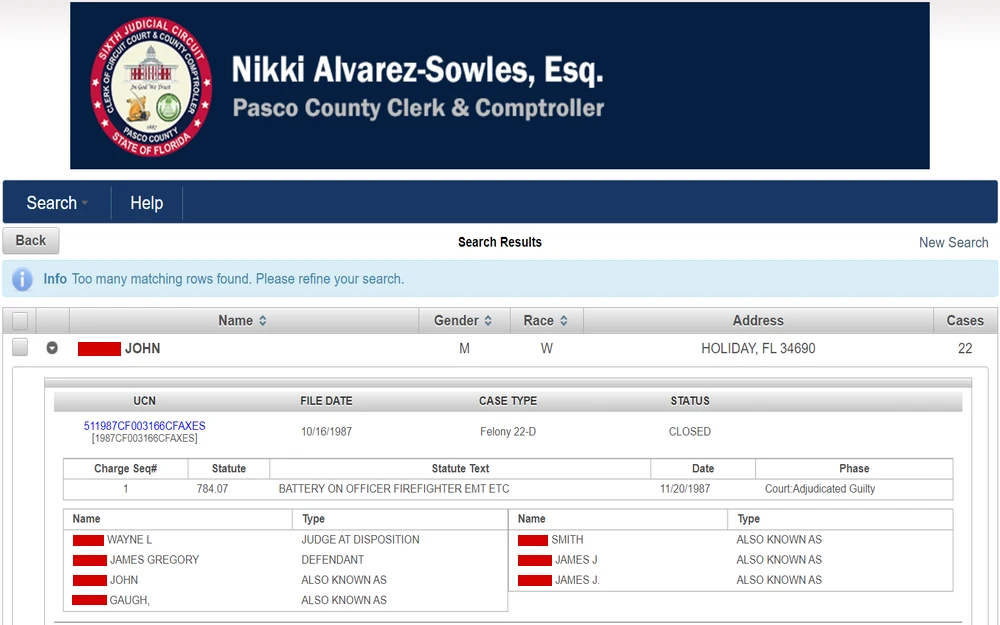 A screenshot displays a search result from the Pasco County Clerk & Comptroller showing records for a common name, including a case number, the individual's gender, race, address, and a summary of a closed case with a charge and the adjudication details.