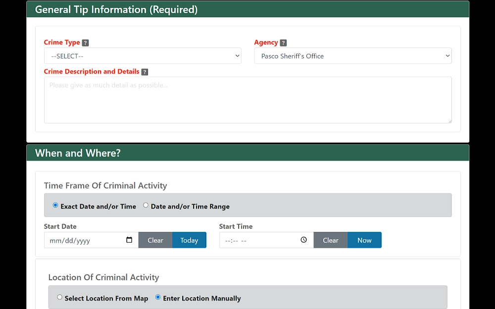 A screenshot of an online tip form of the Pasco Sheriff's Office that requires general tip information such as crime type, description, details, agency, time frame, and location of criminal activity.