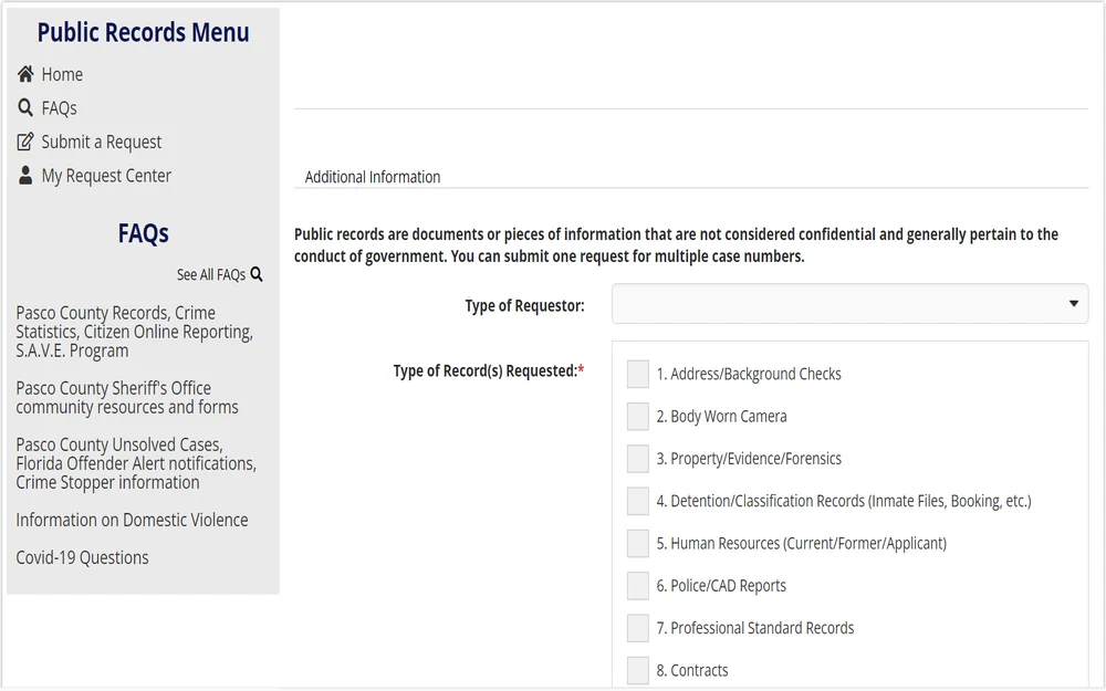A screenshot from the Pasco County Sheriff’s Office featuring a public records menu, offering options like submitting a request, viewing FAQs, and a list of record types available for request, such as address checks, body camera footage, and detention records.
