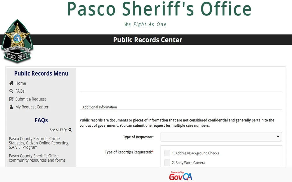 A screenshot of the form used to request a copy of the incident report at the Pasco County Sheriff's Office.