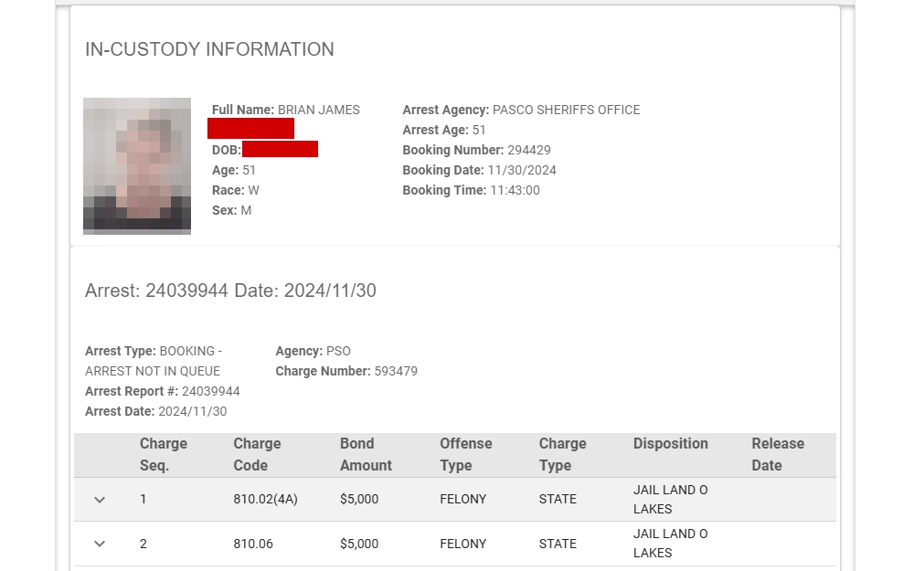 A screenshot displays in-custody information showing personal details such as full name, date of birth, age, race, sex, arrest agency and age, booking number, date, and time from the Pasco Corrections Office website.